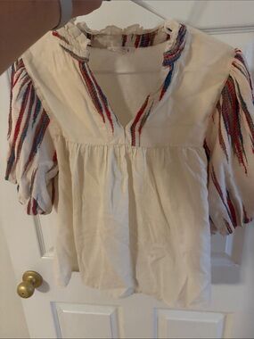 THML Boho Cream Peasant Top with Red & Blue Stripe Detail